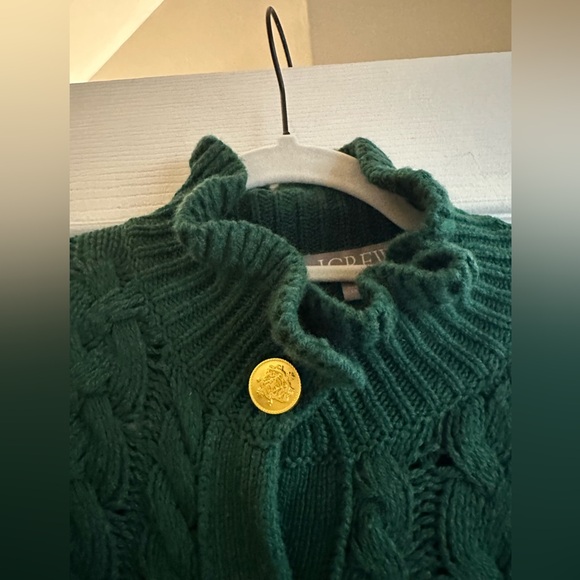 J. Crew Cable Knit Ruffleneck Cardigan Sweater in Emerald Green - Picture 2 of 7
